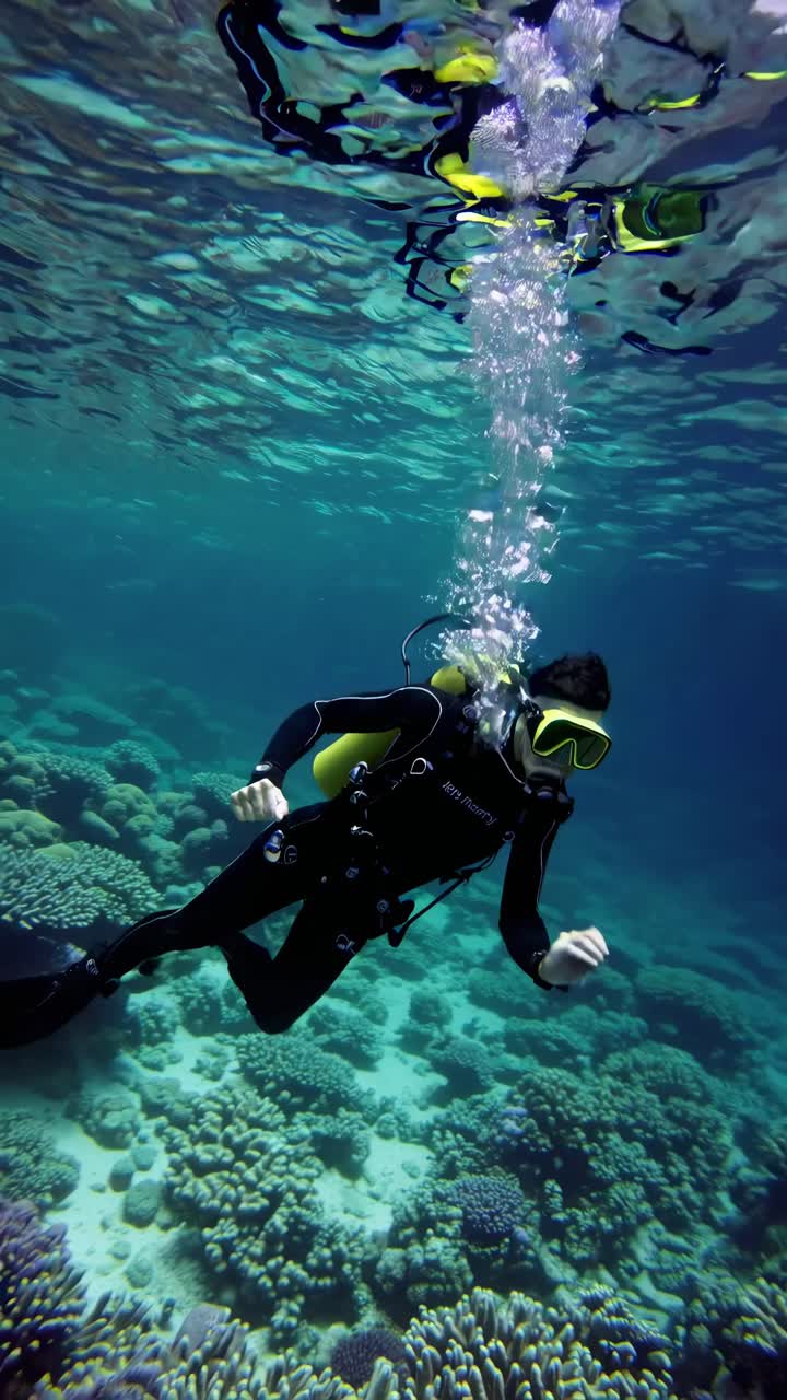 Underwater video captures a scuba diver swimming over coral reefs