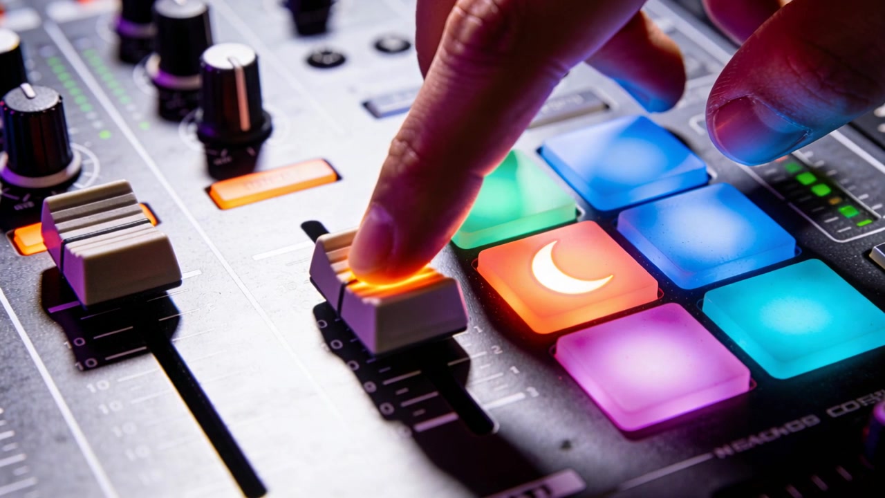 Il dito indice si avvicina a un fader illuminato d'arancione per premerlo, mentre la mano destra regola livelli e pad alla console del DJ.