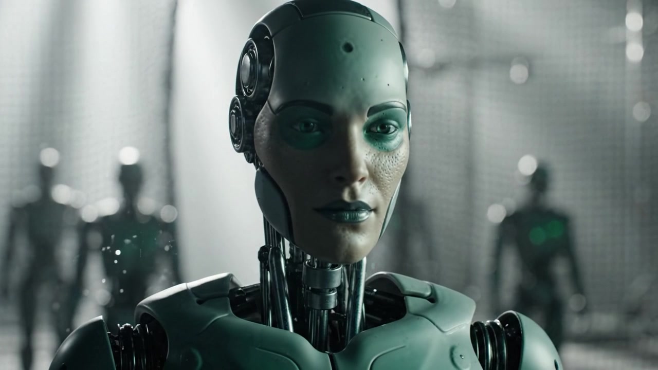 Un'esplorazione futuristica di robot umanoidi in un contesto industriale, con un focus sui dettagli sintetici e l'integrazione di tecnologia avanzata.