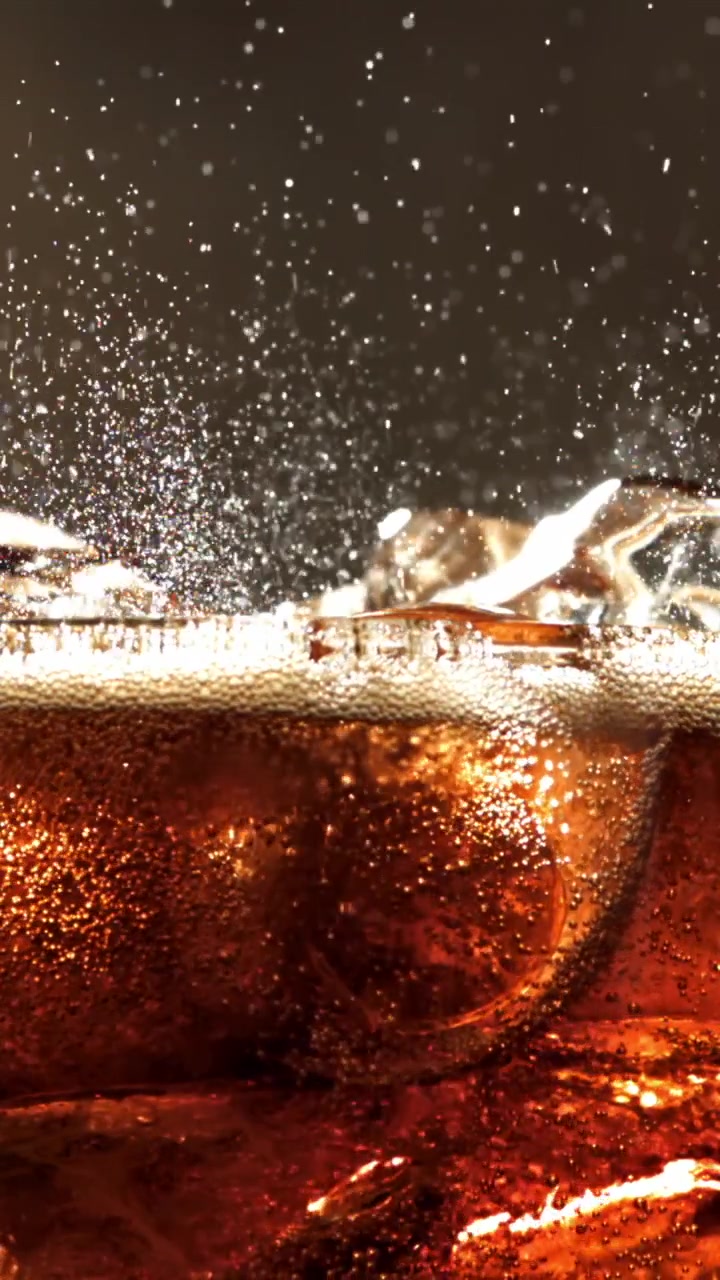 Primo piano di una bibita cola rinfrescante con ghiaccio e bollicine di anidride carbonica