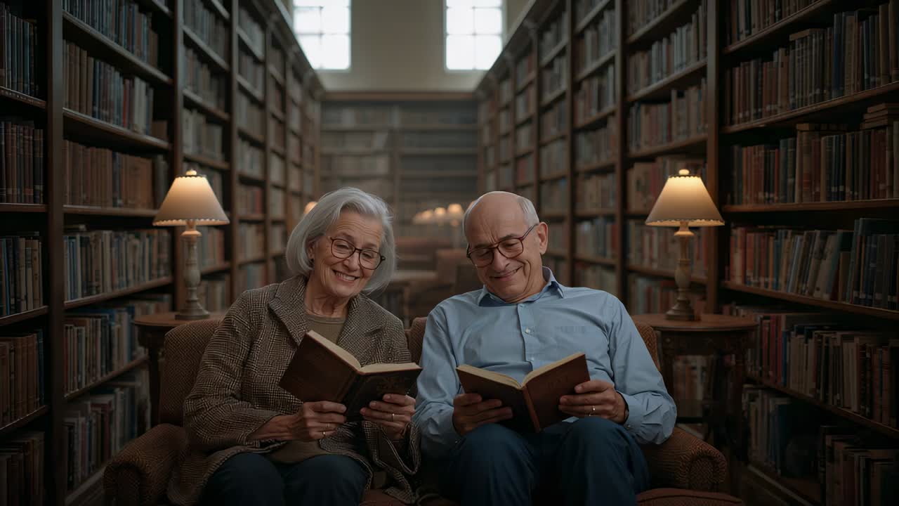 Glancing woman in cardigan smiling at man returning smile during reading in library holding books