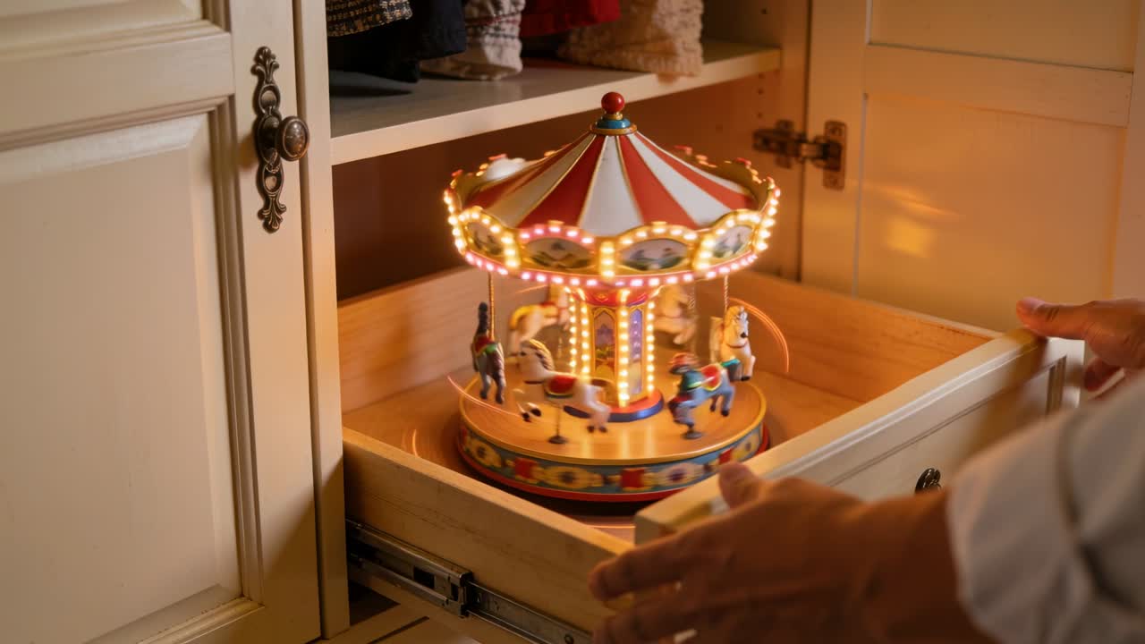 Pulling hands in cuff sliding drawer in bedroom cabinet from partly open showing rotating music box
