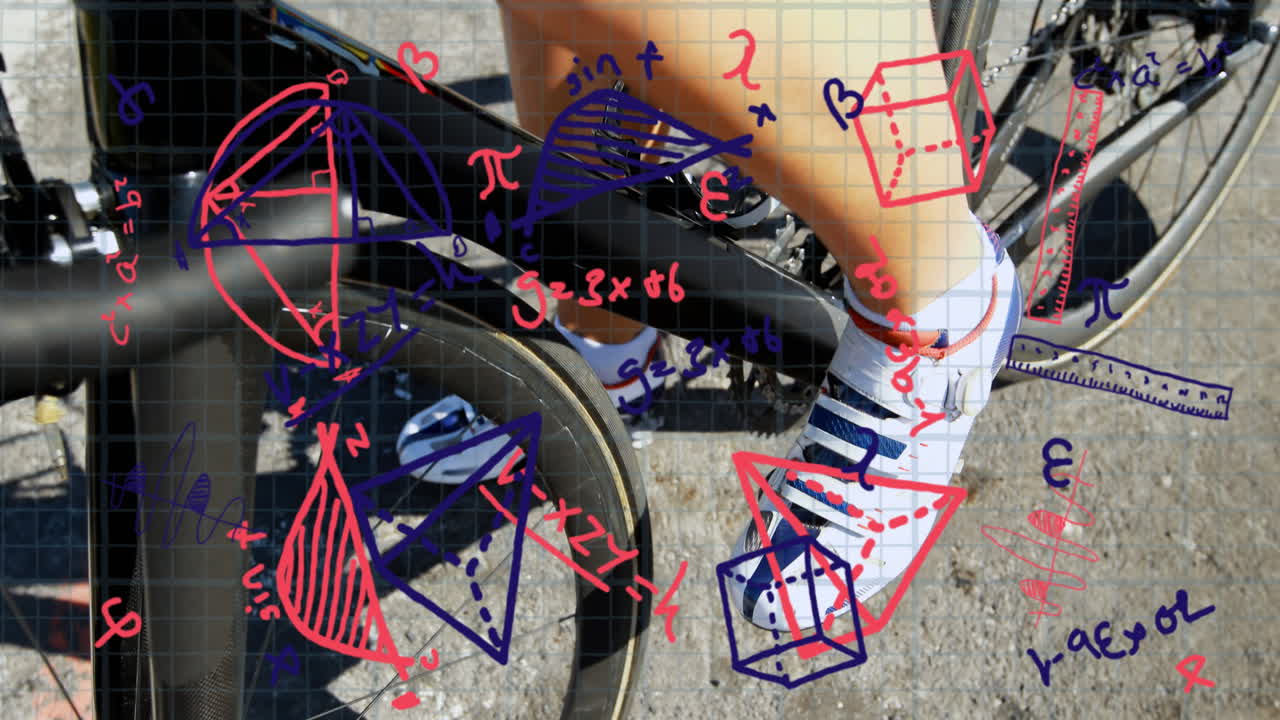 ecuaciones matemáticas y diagramas contra la mujer en bicicleta en la carretera