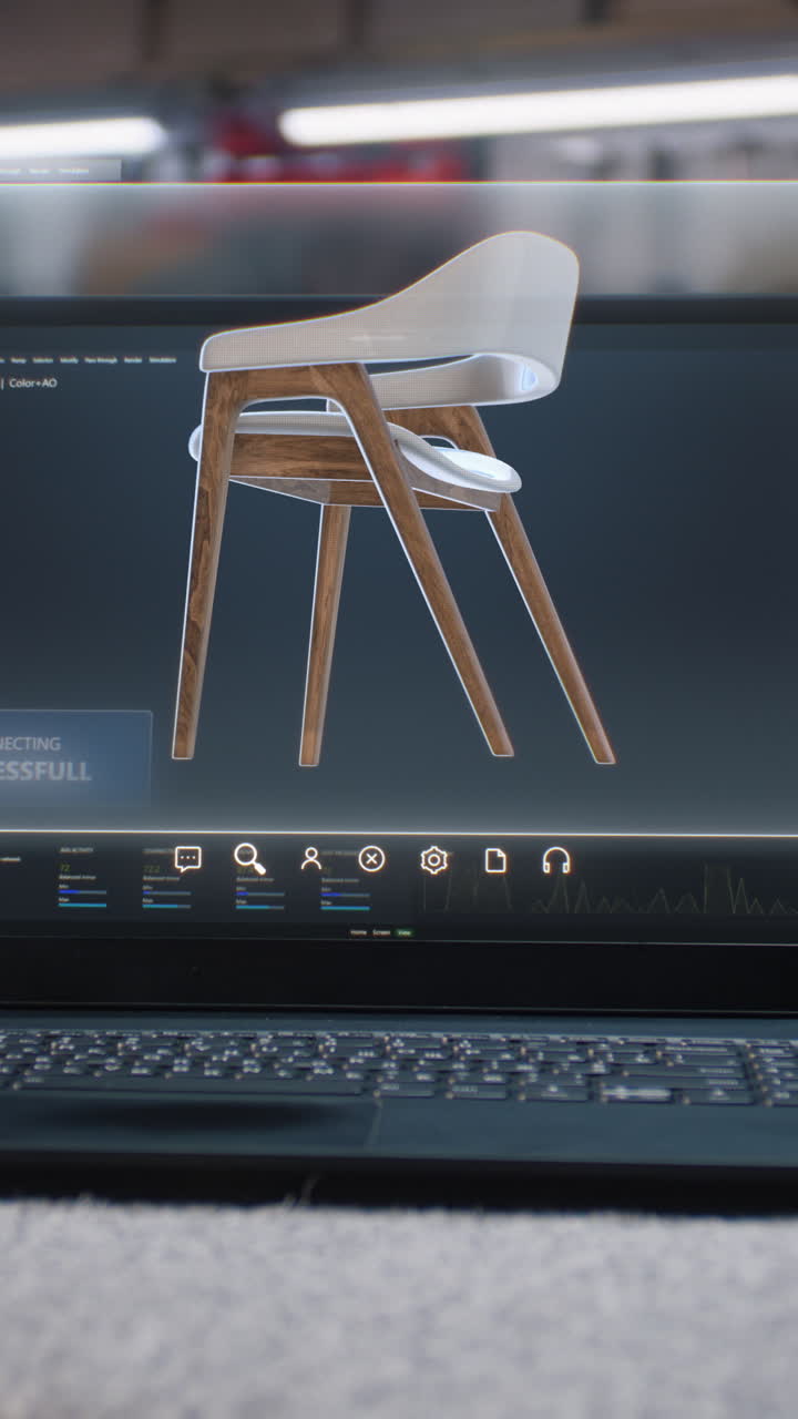 pantalla de portátil con programa de ia profesional mostrado para el diseño de muebles futuristas. modelo digital 3d de elegante silla de madera para proyecto de carpintería. disparo vertical