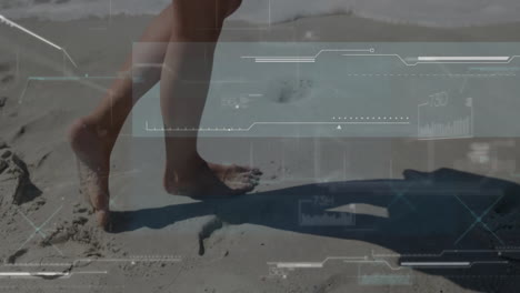 barefoot person walking on sand with digital interface overlay animation
