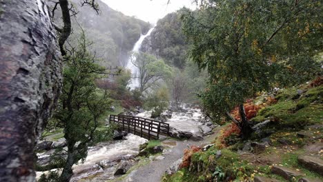 Slow-motion-powerful-rapid-flowing-water-cascades-under-wooden-bridge-from-woodland-valley-countryside-waterfall