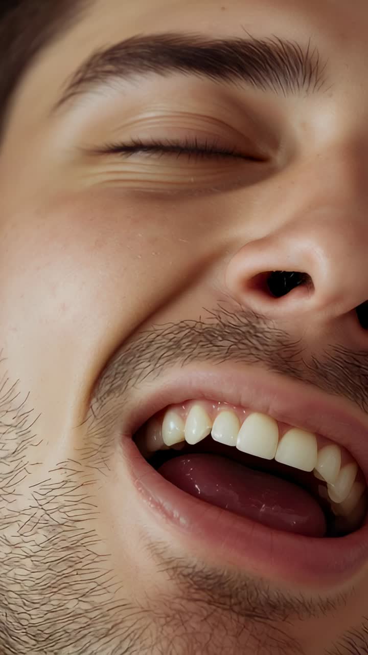 Vertical video: Laughing adult male face reacting to unseen cue in close-up portrait, showing teeth