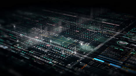 futuristic abstract de-focus data matrix, meta, metaverse, telemetry and encrypt numbers display with particles simulation in cyber space environment for head up display background