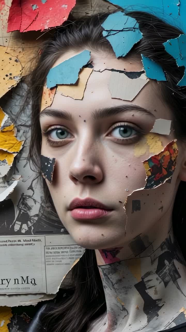 Vertical video: Female subject opening eyelids and holding gaze in studio, with torn paper collage