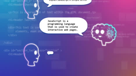 animación del procesamiento de datos y chat en fondo azul.