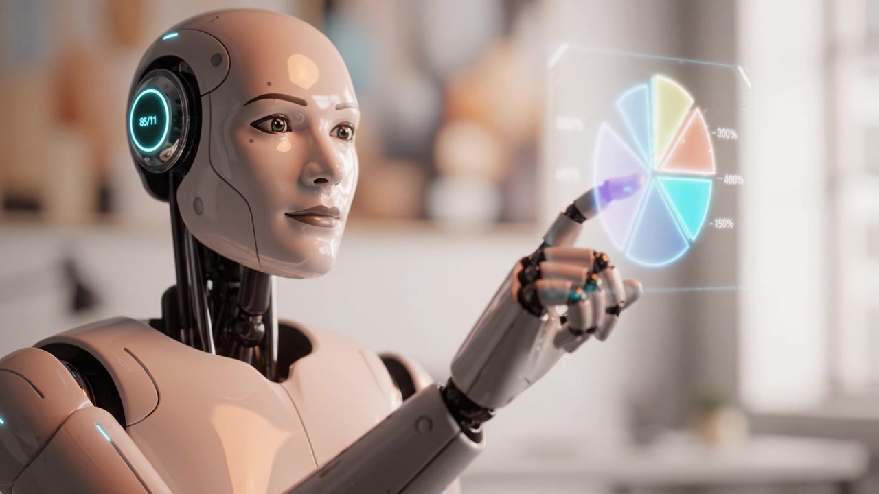 A humanoid robot interacts with a holographic pie chart display, showcasing advanced technology and artificial intelligence in a modern workspace environment.
