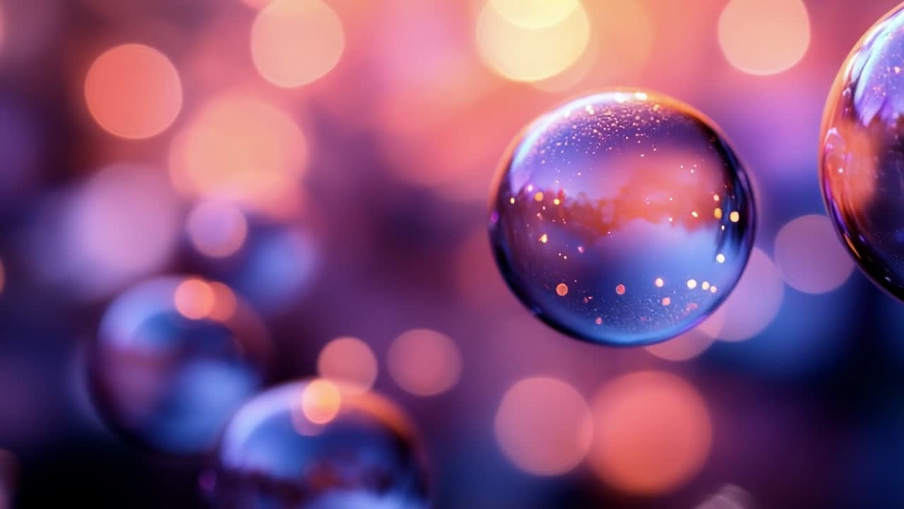 Colorful bubbles floating in soft light. Transparent bubbles drift gracefully against a backdrop of soft, colorful lights, creating a dreamy atmosphere.