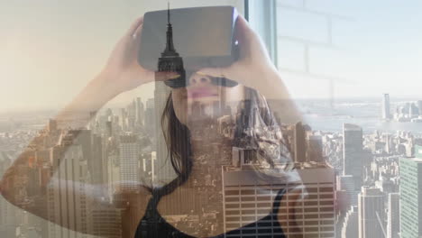 woman using vr headset over cityscape animation