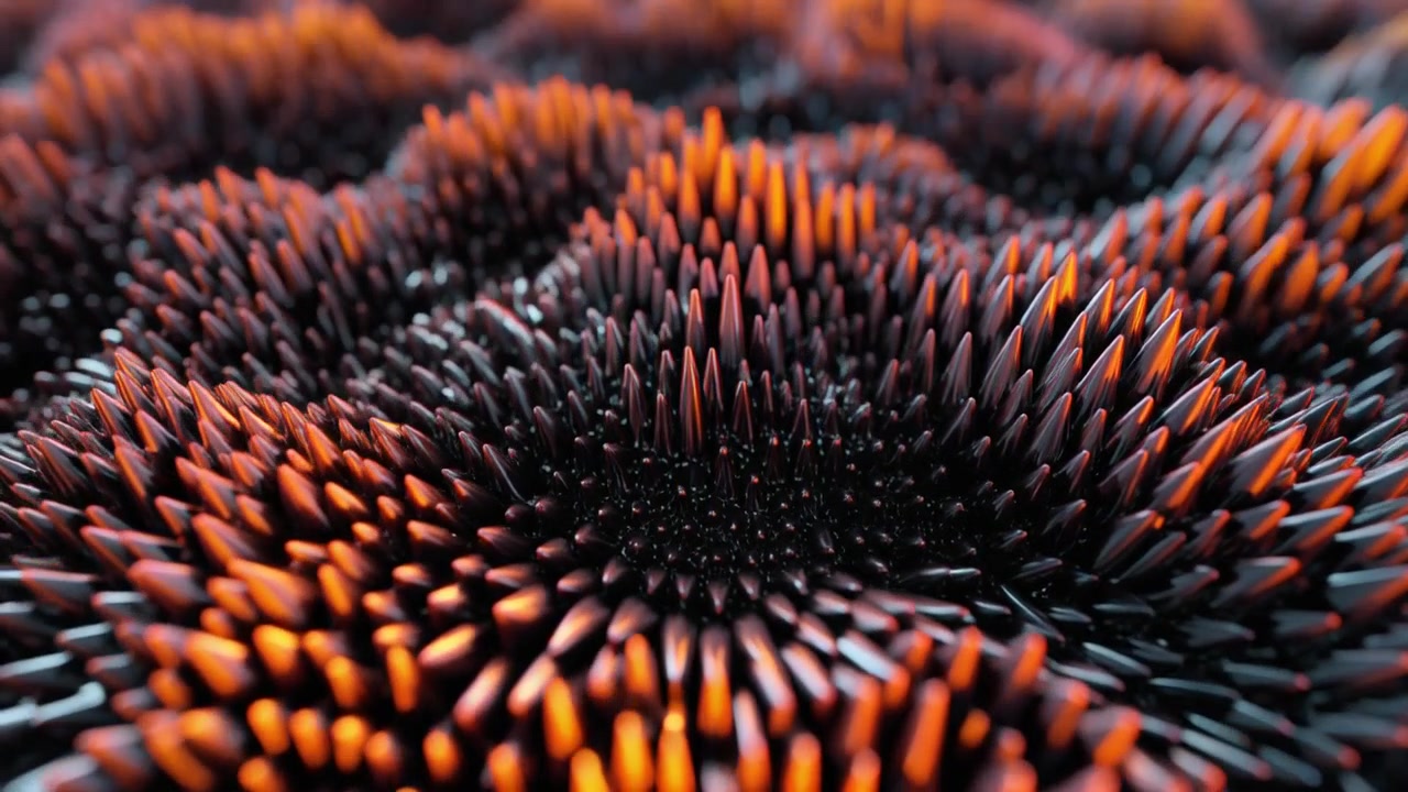 Abstract Ferrofluid Surface with Spiky Orange and Black Texture