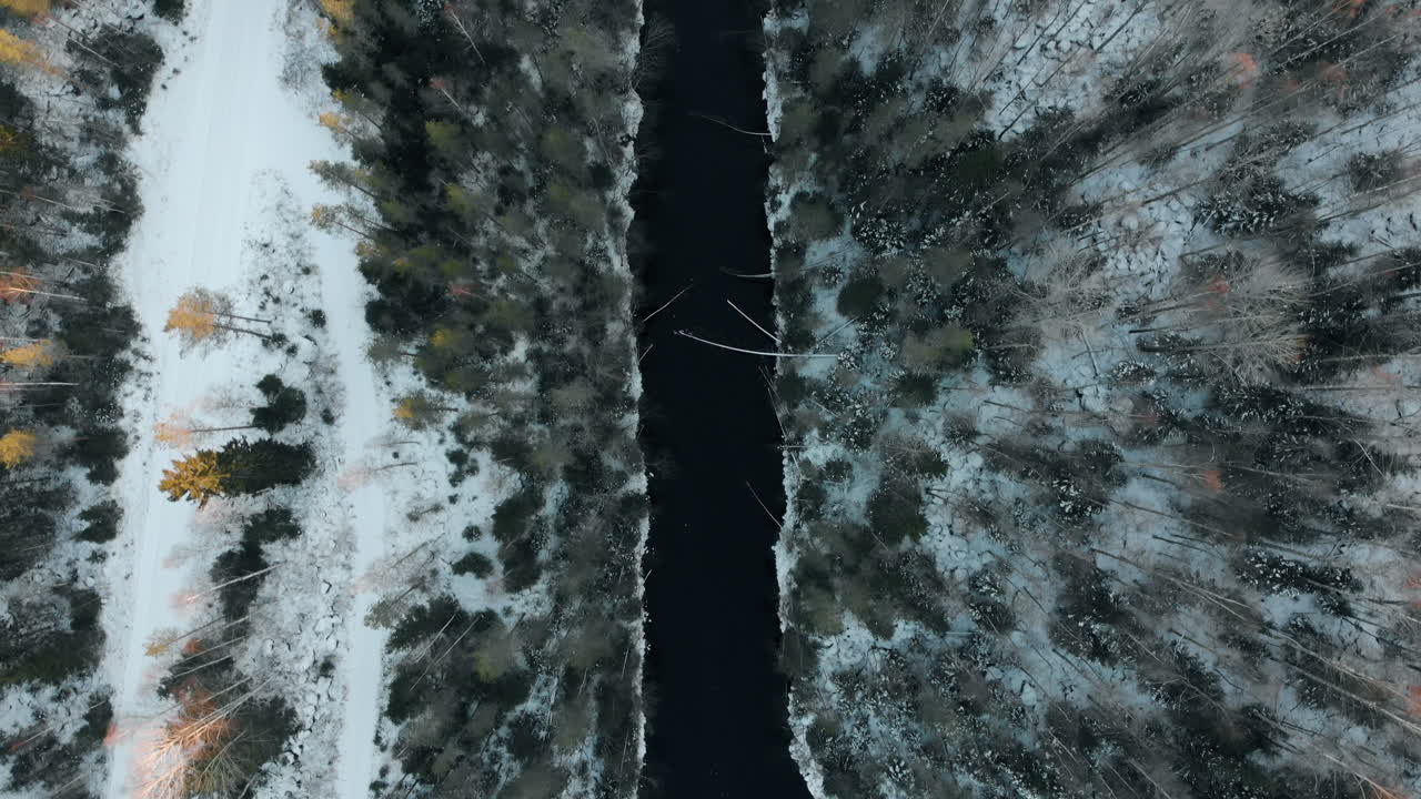 Aerial, birdseye, top down, drone shot, above a river, surrounded by leafless trees and first snow on the ground, on a cloudy, autumn day, near Joensuu, North Karelia, Finland