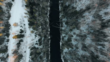 aerial, birdseye, top down, drone shot, above a river, surrounded by leafless trees and first snow on the ground, on a cloudy, autumn day, near joensuu, north karelia, finland