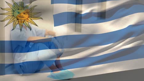 Argentina-flag-waving-over-stressed-caucasian-female-health-worker-at-hospital