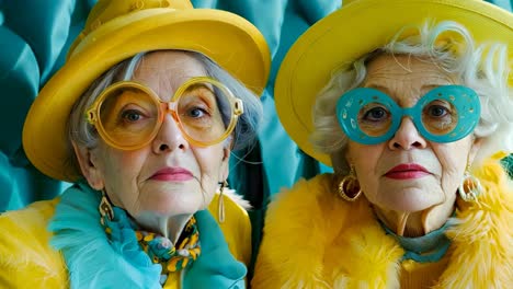 two older women wearing yellow hats and blue glasses