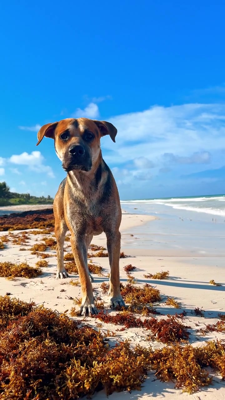 Hund går på stranden en solrik dag med blå himmel. En hund står på sanden på stranden i Mexico