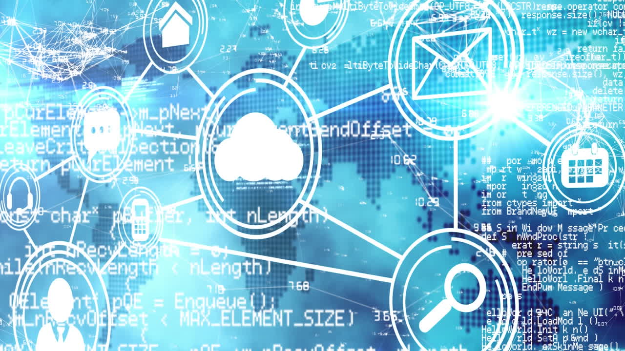 animación de iconos tecnológicos con un mapa del mundo y datos e información en movimiento