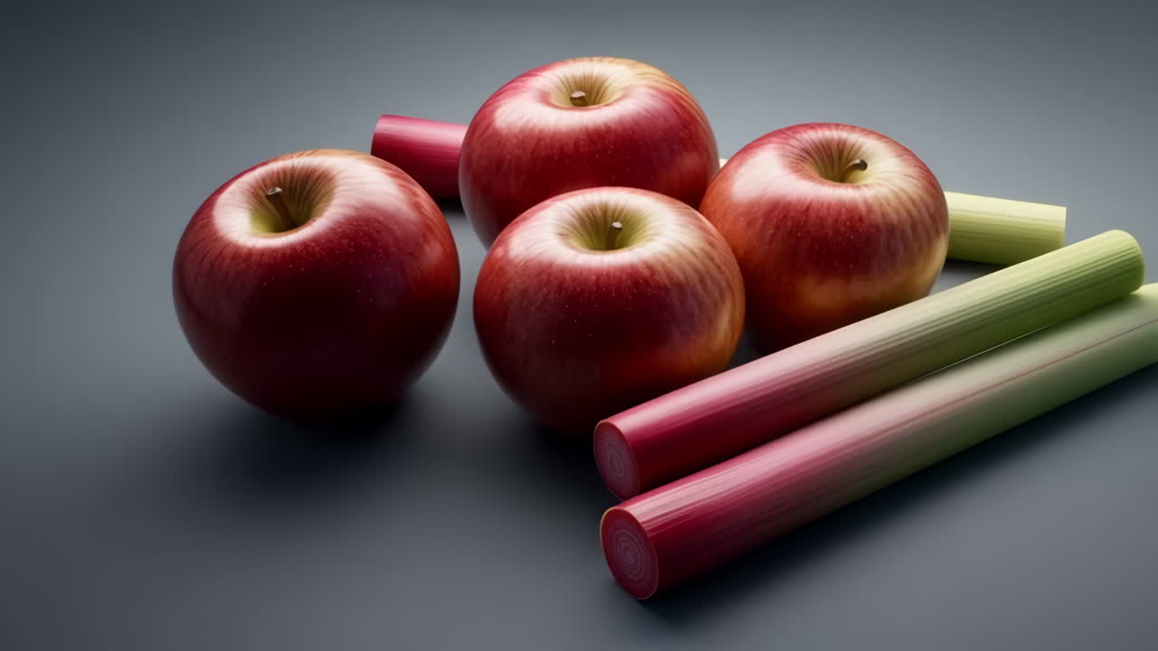 Red Apples and Rhubarb Stalks on a Dark Background