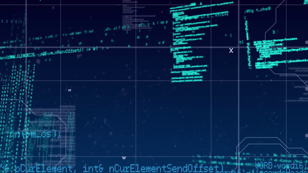 파란색 배경에 대한 그리드 네트워크를 통해 데이터 처리의 디지털 애니메이션