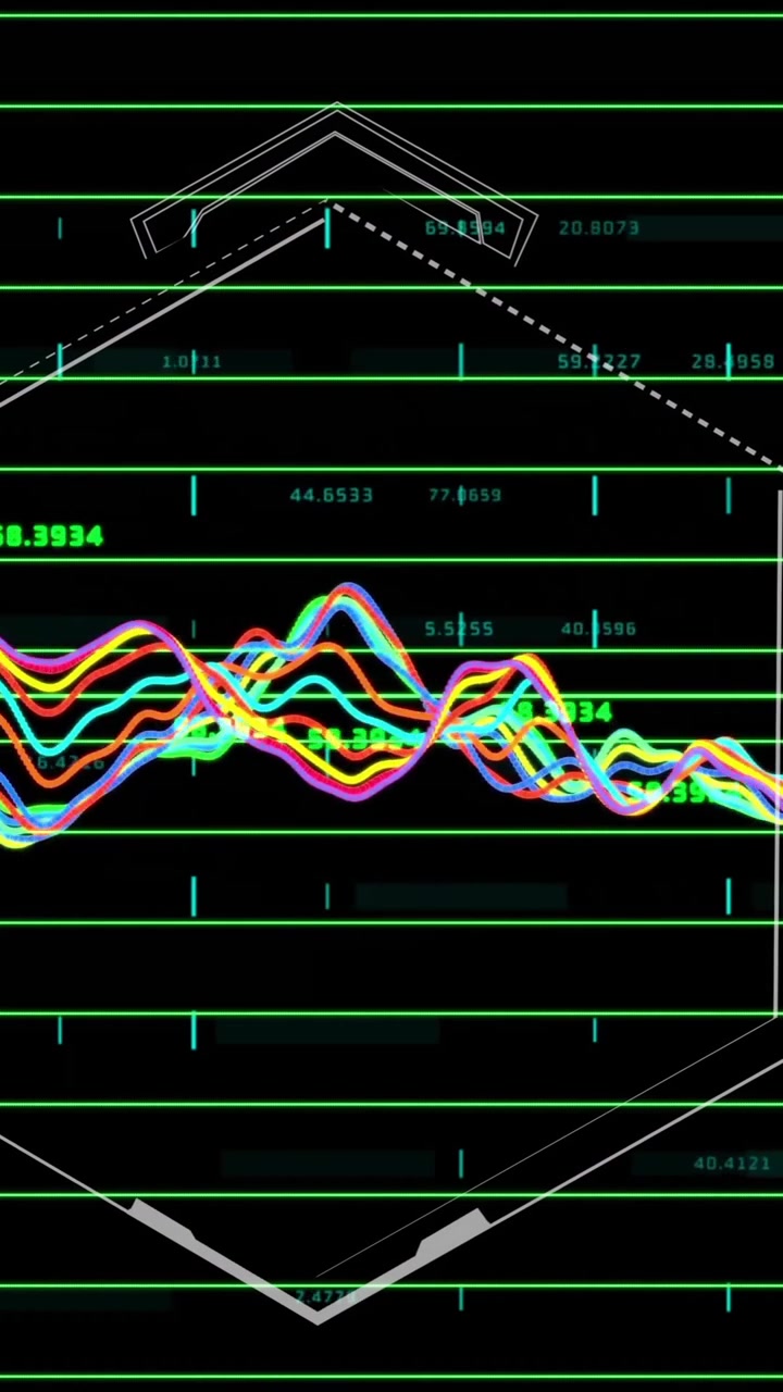 Animation of colorful financial graph lines fluctuating on dark grid with hexagonal overlay