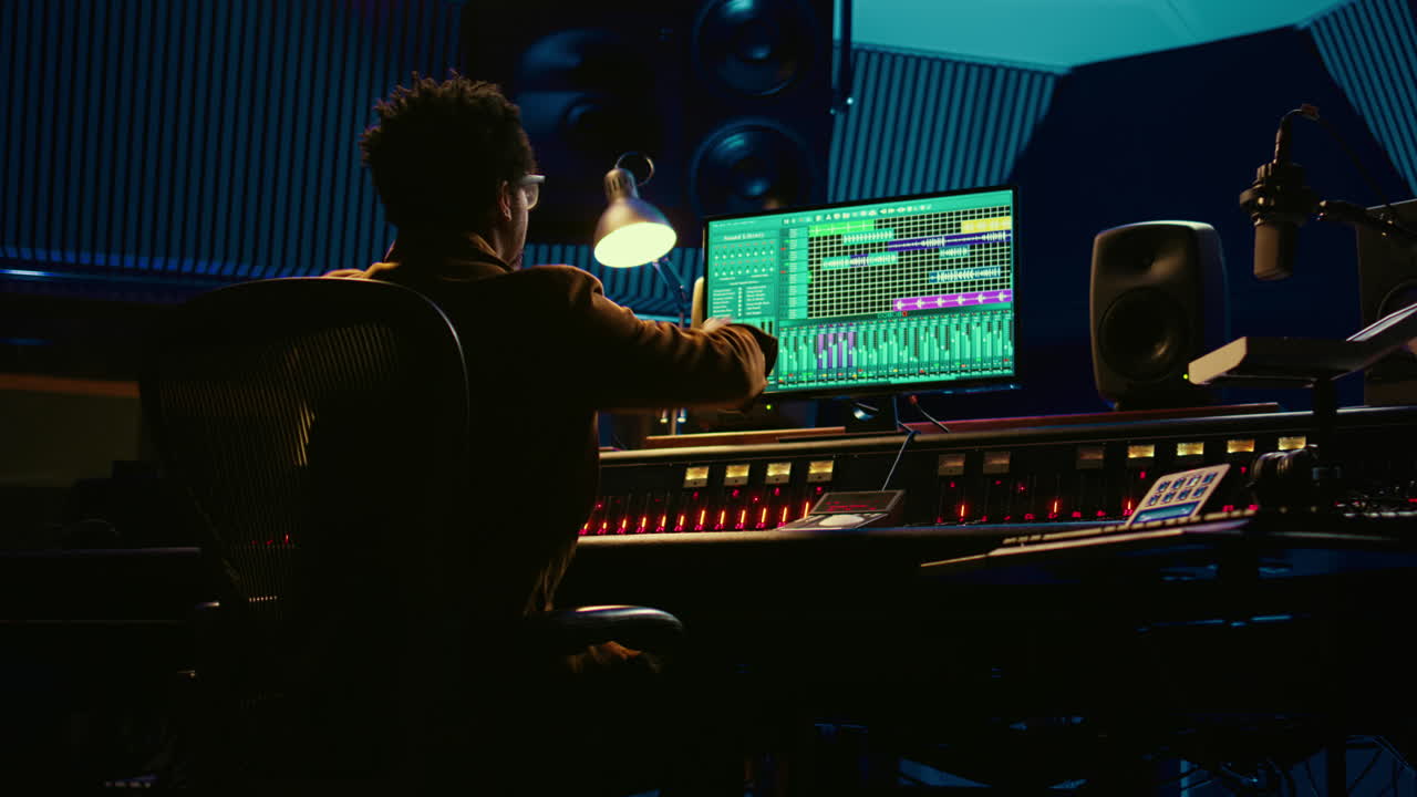 African american sound designer operates control desk mixer and audio software