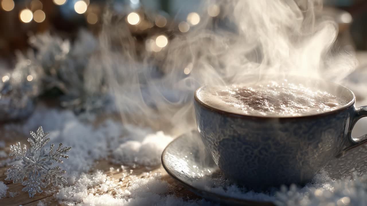 A Warm Cup of Comfort: Steaming Hot Beverage in a Beautiful Setting During a Cozy Winter Atmosphere with Snowflakes and Soft Lighting