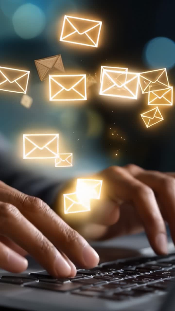 Comunicazione Digitale Dinamica: Un Primo Piano di Mani che Digitano su un Portatile con Icone di Email Illuminate che Emergono, a Significare uno Scambio Moderno di Messaggi.
