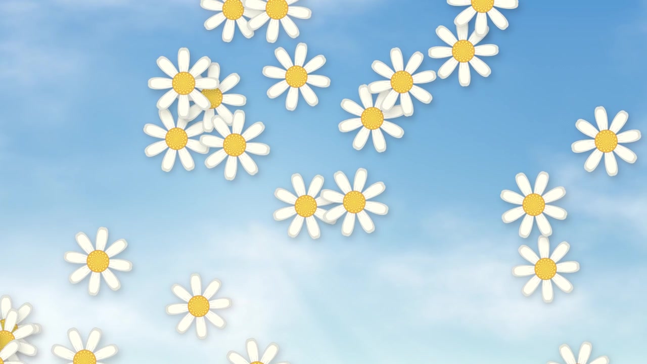 Stylized white daisies fall slowly through a bright blue sky with soft white clouds.