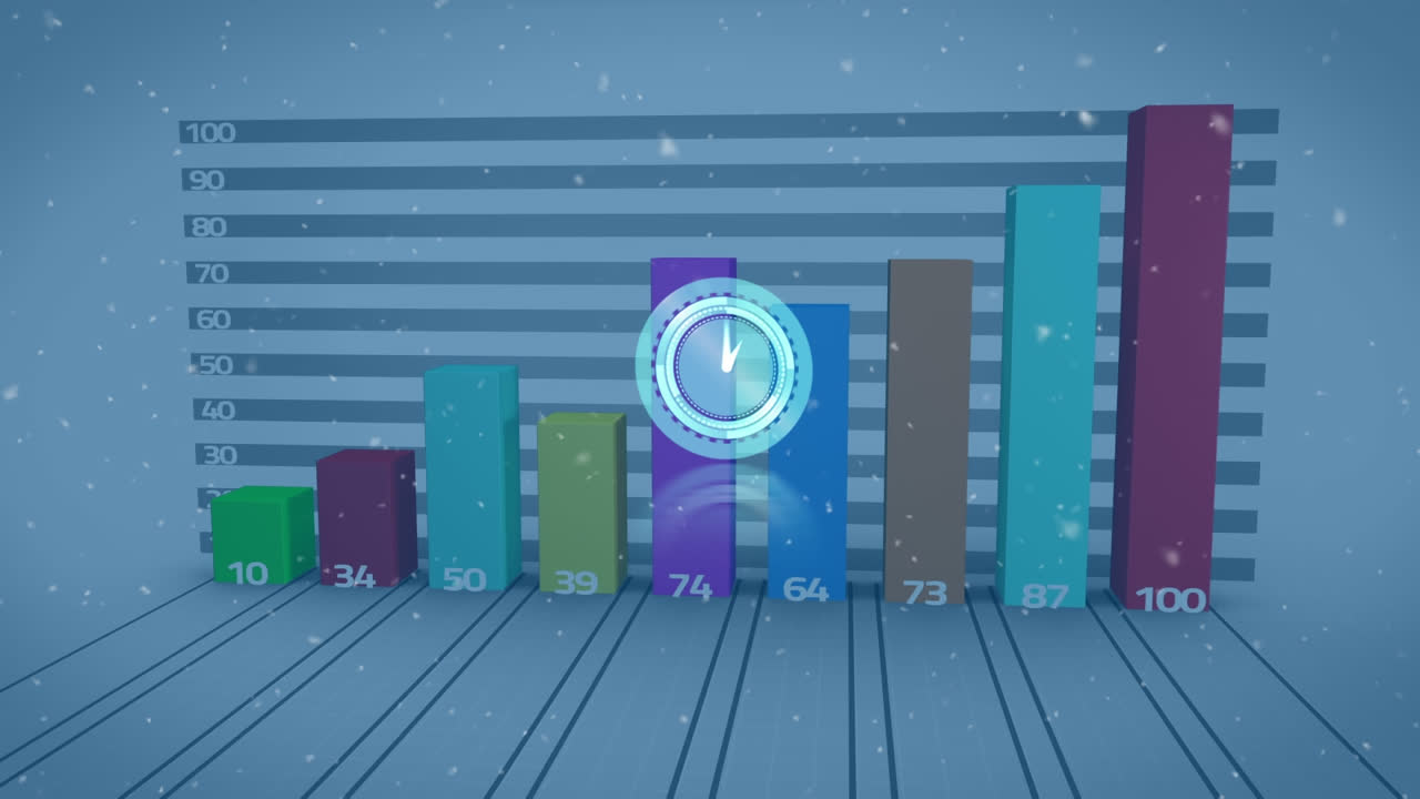 animación de reloj en movimiento sobre gráfico y nieve cayendo