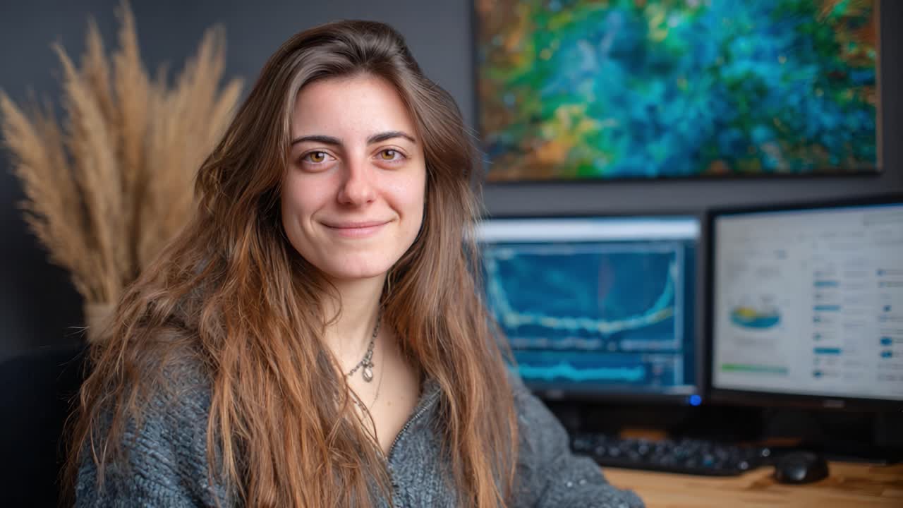 A Young Woman with Long Hair Smiling Confidently at Her Computer Desk Surrounded by Digital Displays Showing Charts and Data Analysis in a Cozy Workspace