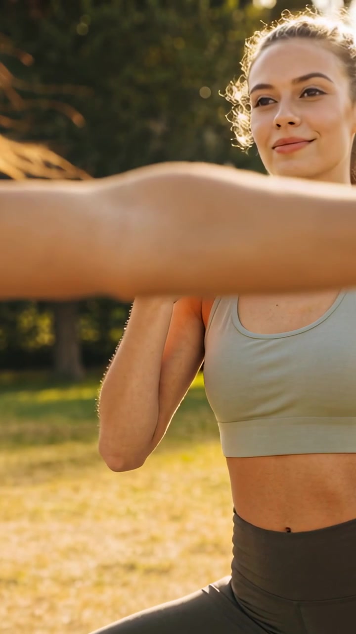 Video verticale: Muovendo il braccio del partner, donna in reggiseno verde che guida lo stretching del polso al parco, ciondolo