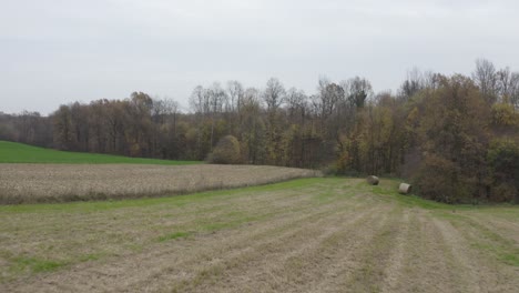 Epischer-Luftflug-über-Nebelwald-Bunte-Herbstbäume-Goldene-Sonne-Färbt-Epische-Ruhminspiration-Und-Tourismuskonzept-Mit-Landwirtschaftlichem-Strohfeld