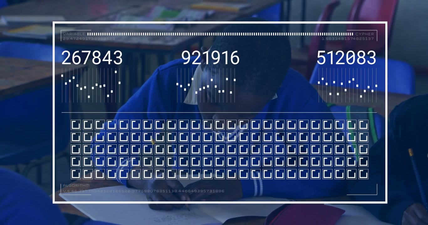 Boy watching HUD overlay updating numeric readouts, leaning over and writing to complete class task