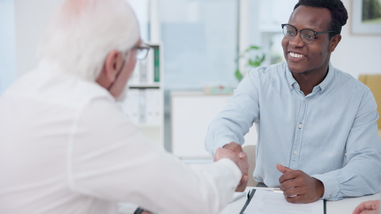 Handshake, contract and consulting with black man