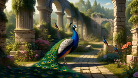 peacock in a ruined garden