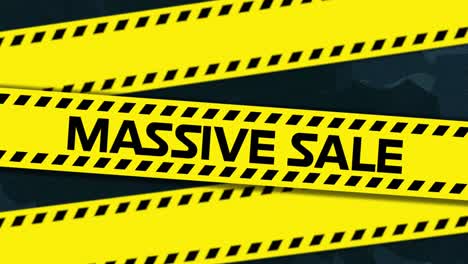 Animation-of-massive-sale-text-over-yellow-tapes-on-flickering-grey-background