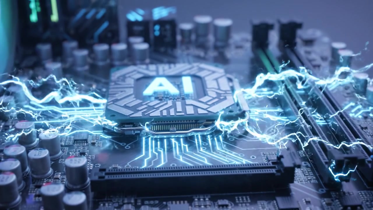 High-Tech Motherboard Close-Up Featuring Advanced CPU Socket with AI Integration and Intricate Circuitry in a Modern Computing Environment