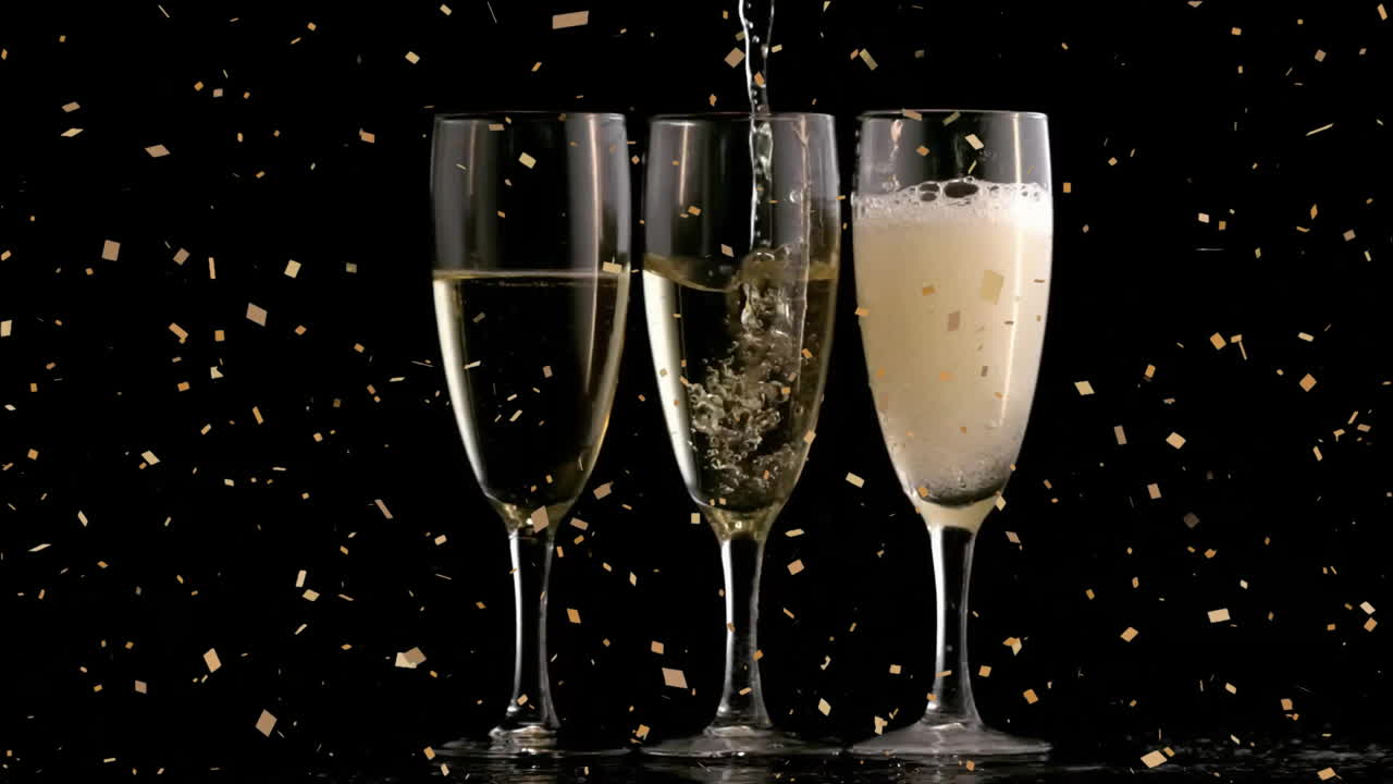 Pouring champagne into glasses with golden confetti animation on black background