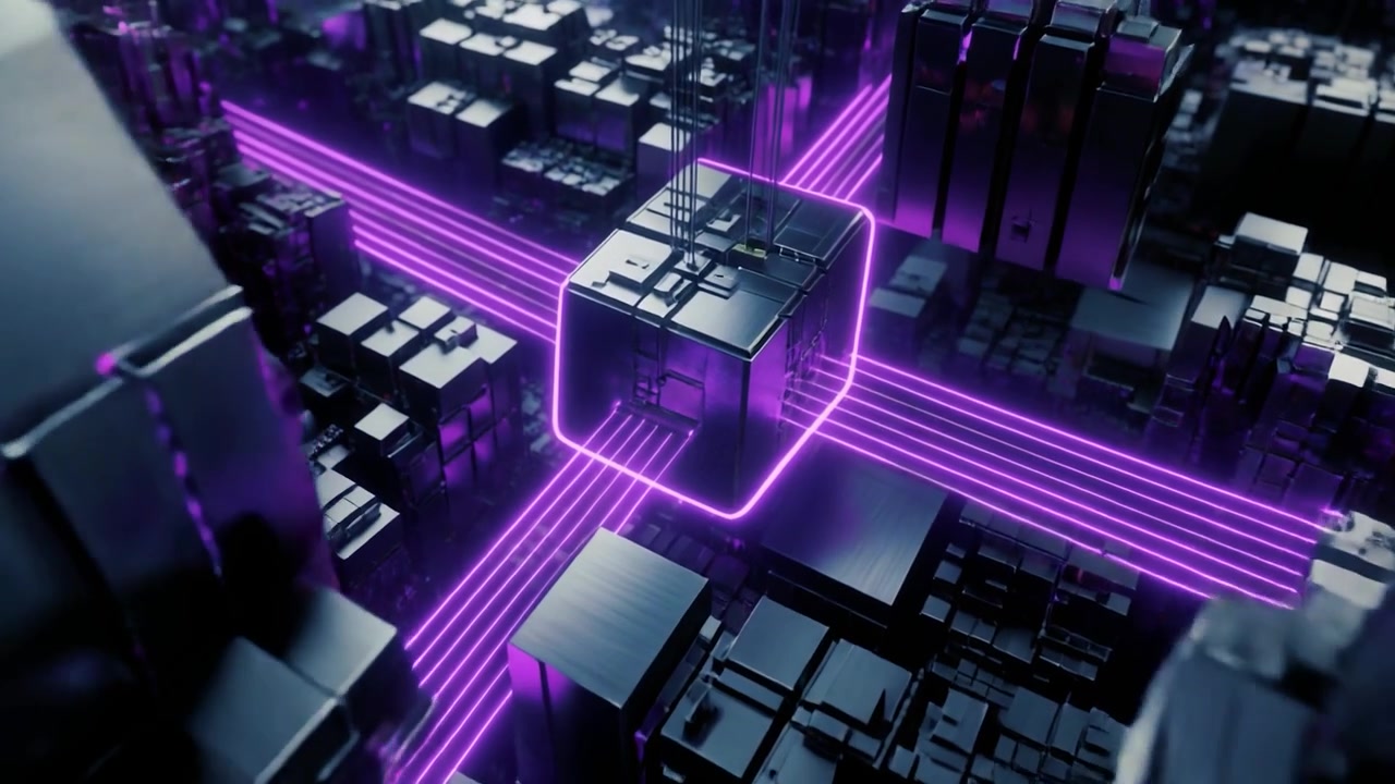 Abstract Digital Cityscape with Glowing Purple Data Streams