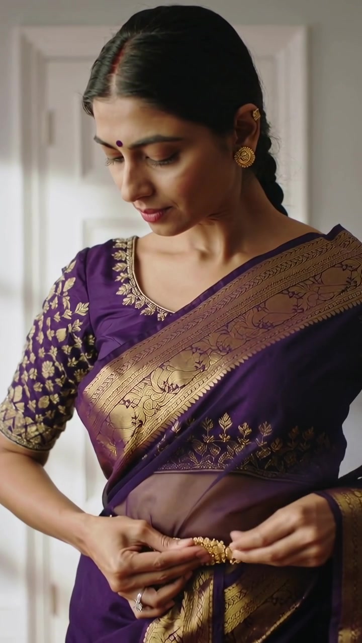 Video verticale: Donna in sari viola che tiene un sari e allaccia una chiusura dorata per fissare le pieghe alla porta