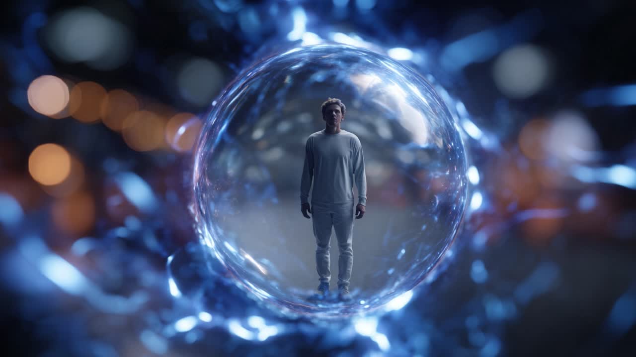 A solitary figure stands at the center of a luminous, swirling vortex, illuminated by ethereal blue lights and surrounded by a dreamlike atmosphere, evoking wonder