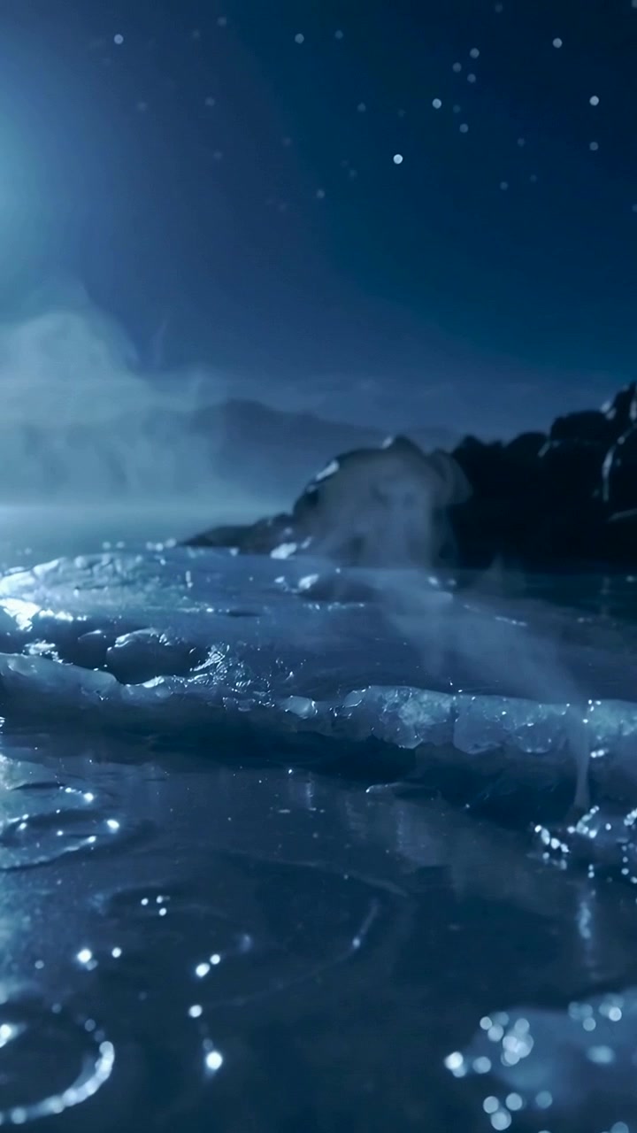 Vertical video: Rising vapor drifting across frozen shore under moon, frost rings
