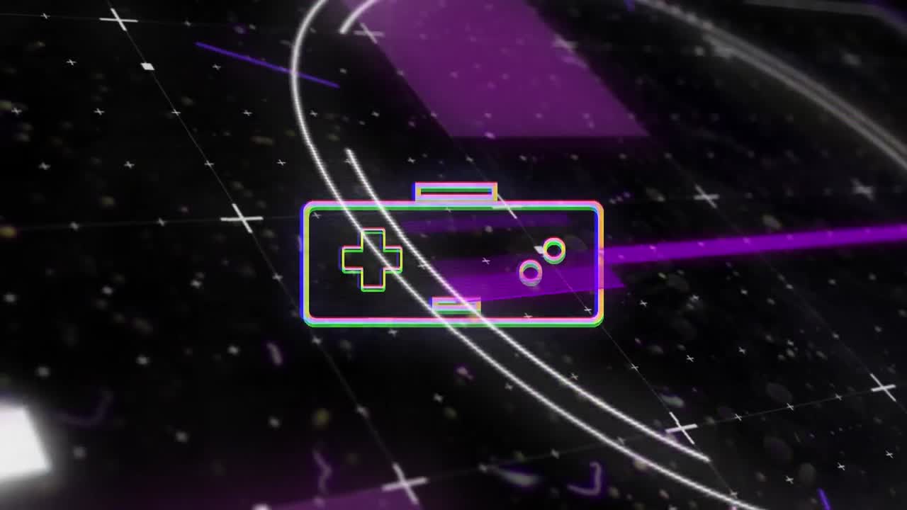 검은색 배경에 데이터 처리 및 게임 패드 아이콘의 애니메이션