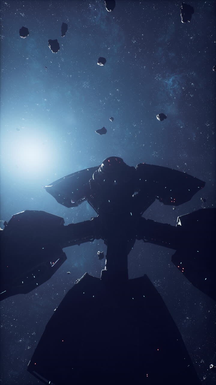 A spaceship navigating an asteroid field in space