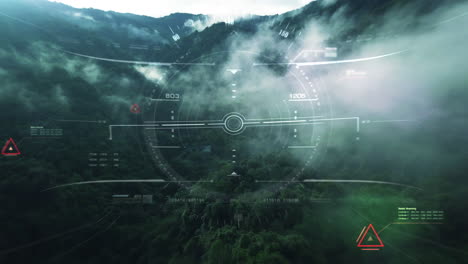 Aerial view from the fighter plane's cockpit flying over the low cloud cover mountain scape with head up display acquire targets and enemies location hidden in the dense mountain forest