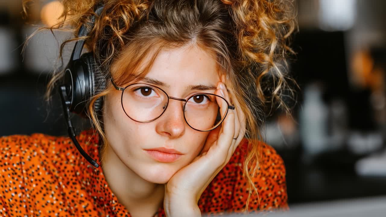 A Young Woman in Headset Expressing Fatigue and Disengagement While Working at Her Computer in a Busy Office Environment