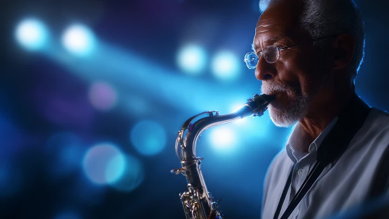 Un musicista jazz appassionato cattura il pubblico con melodie soul al sassofono sotto un'eterea illuminazione del palco, creando un'atmosfera incantevole di gioia musicale ed espressione artistica